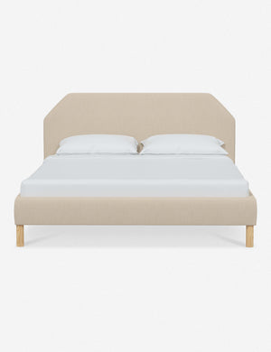 Kipp Natural Linen upholstered platform bed with a geometric headboard and pinewood legs