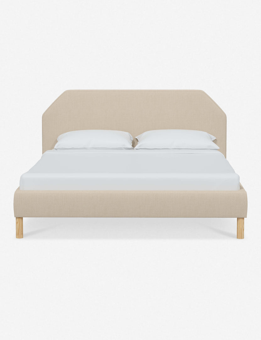 #color::natural-linen #size::full #size::queen #size::king #size::cal-king | Kipp Natural Linen upholstered platform bed with a geometric headboard and pinewood legs