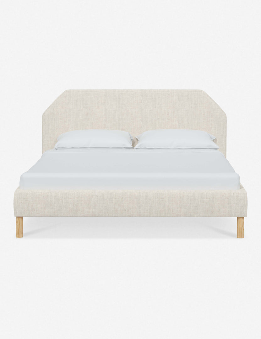 #color::talc-linen #size::full #size::queen #size::king #size::cal-king | Kipp Talc Linen upholstered platform bed with a geometric headboard and pinewood legs
