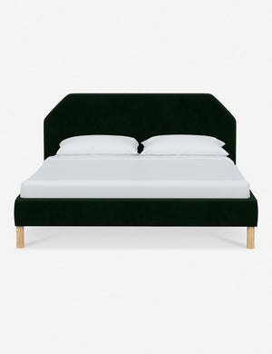 Kipp Emerald Green Velvet upholstered platform bed with a geometric headboard and pinewood legs
