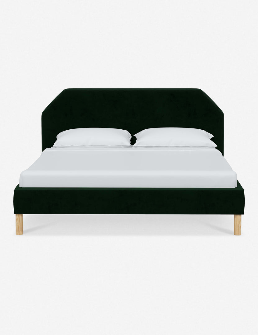 #color::emerald-velvet #size::full #size::queen #size::king #size::cal-king | Kipp Emerald Green Velvet upholstered platform bed with a geometric headboard and pinewood legs
