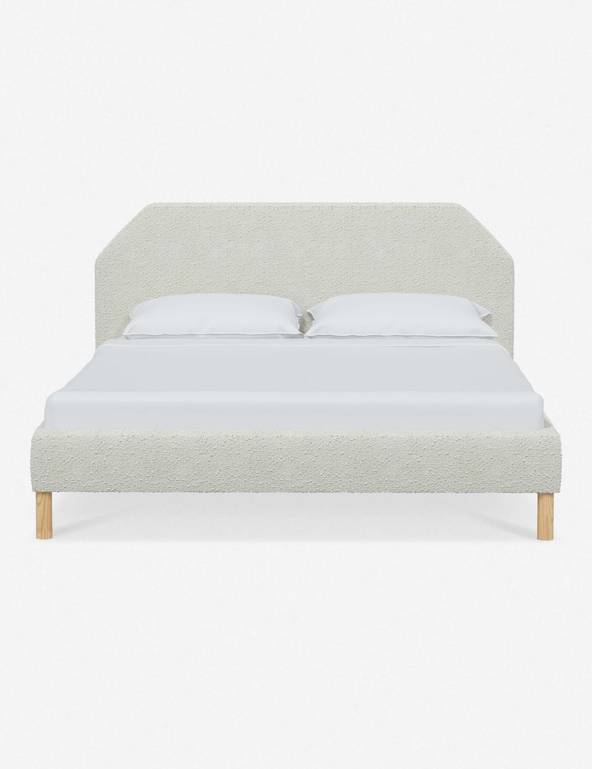 #color::white-boucle #size::full #size::queen #size::king #size::cal-king | Kipp White Boucle upholstered platform bed with a geometric headboard and pinewood legs