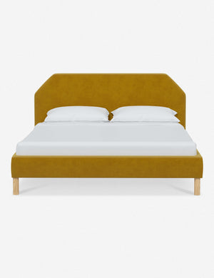 Kipp Citronella Yellow Velvet upholstered platform bed with a geometric headboard and pinewood legs