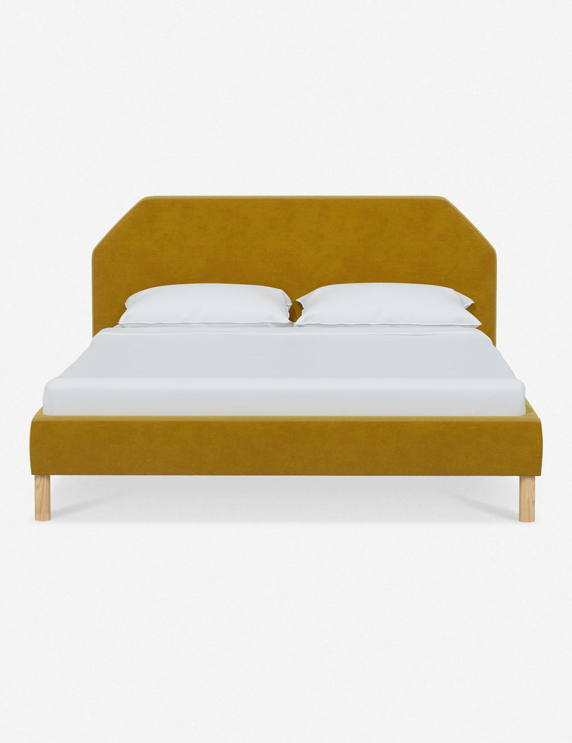 #color::citronella-velvet #size::full #size::queen #size::king #size::cal-king | Kipp Citronella Yellow Velvet upholstered platform bed with a geometric headboard and pinewood legs