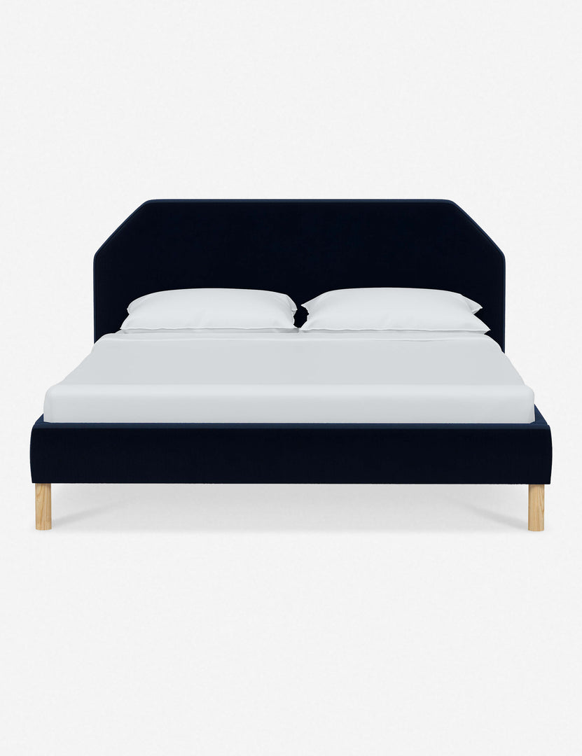 #color::navy-velvet #size::full #size::queen #size::king #size::cal-king | Kipp Navy Velvet upholstered platform bed with a geometric headboard and pinewood legs