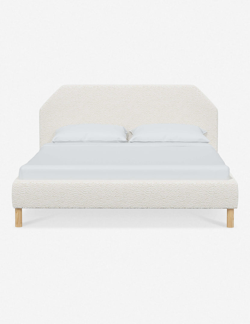 #color::cream-sherpa #size::full #size::queen #size::king #size::cal-king | Kipp Cream Sherpa upholstered platform bed with a geometric headboard and pinewood legs