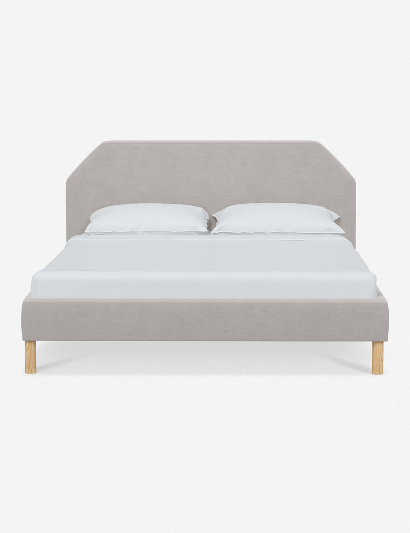 #color::mineral-velvet #size::full #size::queen #size::king #size::cal-king | Kipp Mineral Gray Velvet upholstered platform bed with a geometric headboard and pinewood legs