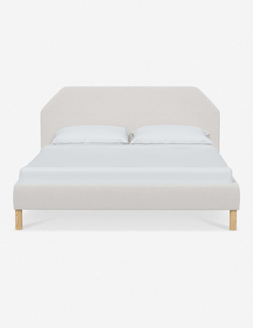 #color::snow-velvet #size::full #size::queen #size::king #size::cal-king | Kipp Snow White Velvet upholstered platform bed with a geometric headboard and pinewood legs