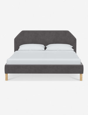 Kipp Steel Gray Velvet upholstered platform bed with a geometric headboard and pinewood legs