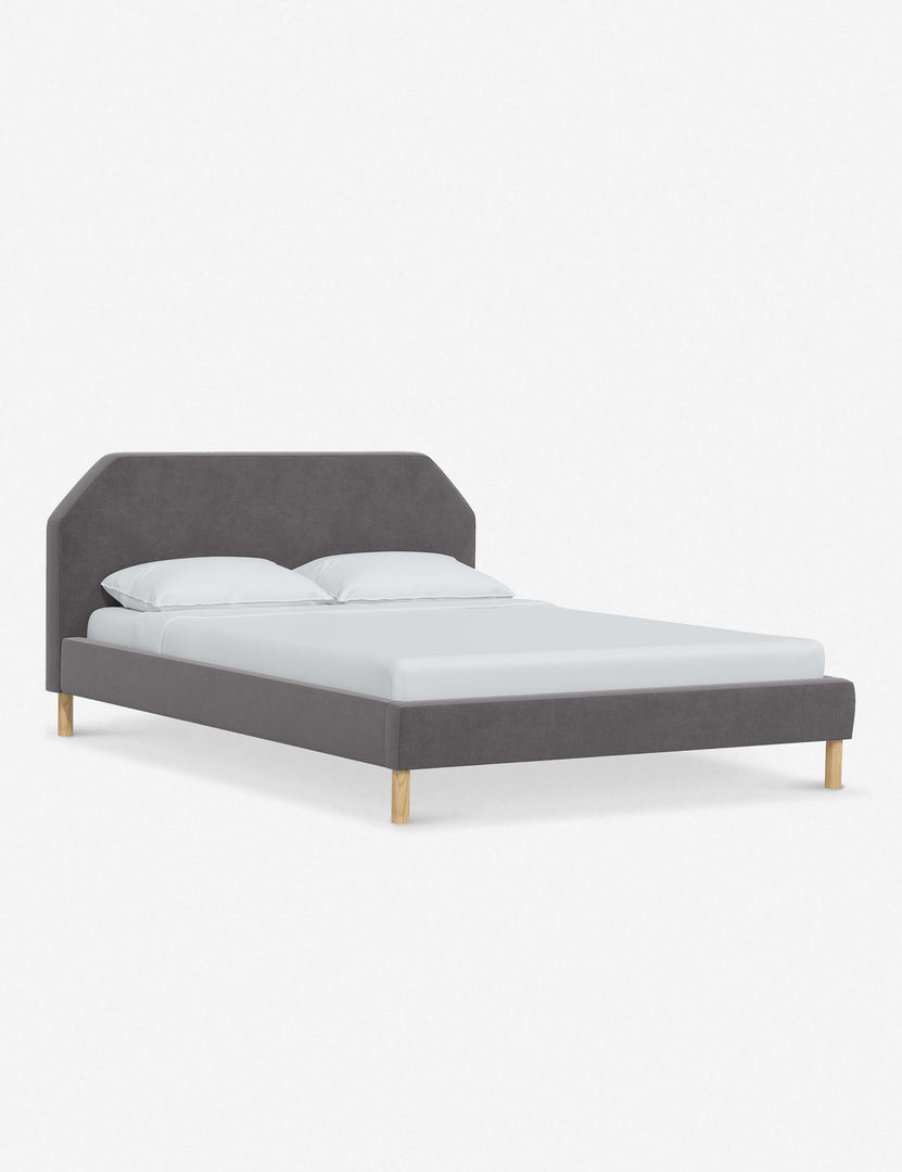 #color::steel-velvet #size::full #size::queen #size::king #size::cal-king | Angled view of the Kipp Steel Gray Velvet platform bed