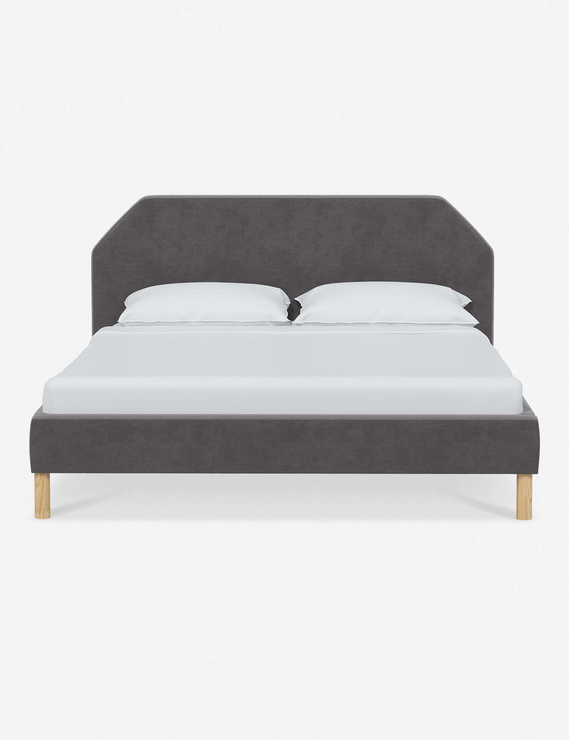 #color::steel-velvet #size::full #size::queen #size::king #size::cal-king | Kipp Steel Gray Velvet upholstered platform bed with a geometric headboard and pinewood legs