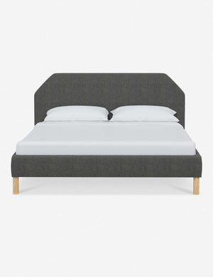 Kipp Charcoal Gray Linen upholstered platform bed with a geometric headboard and pinewood legs