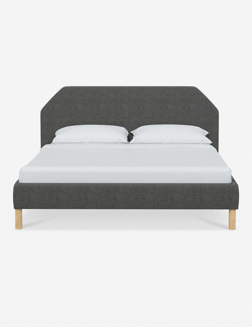 #color::charcoal-linen #size::full #size::queen #size::king #size::cal-king | Kipp Charcoal Gray Linen upholstered platform bed with a geometric headboard and pinewood legs