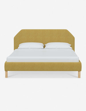Kipp Golden Linen upholstered platform bed with a geometric headboard and pinewood legs