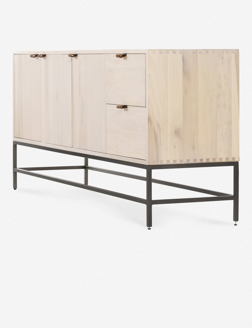 #color::natural | Right side view of the Rosamonde natural wood sideboard with brown leather pulls and a metal base