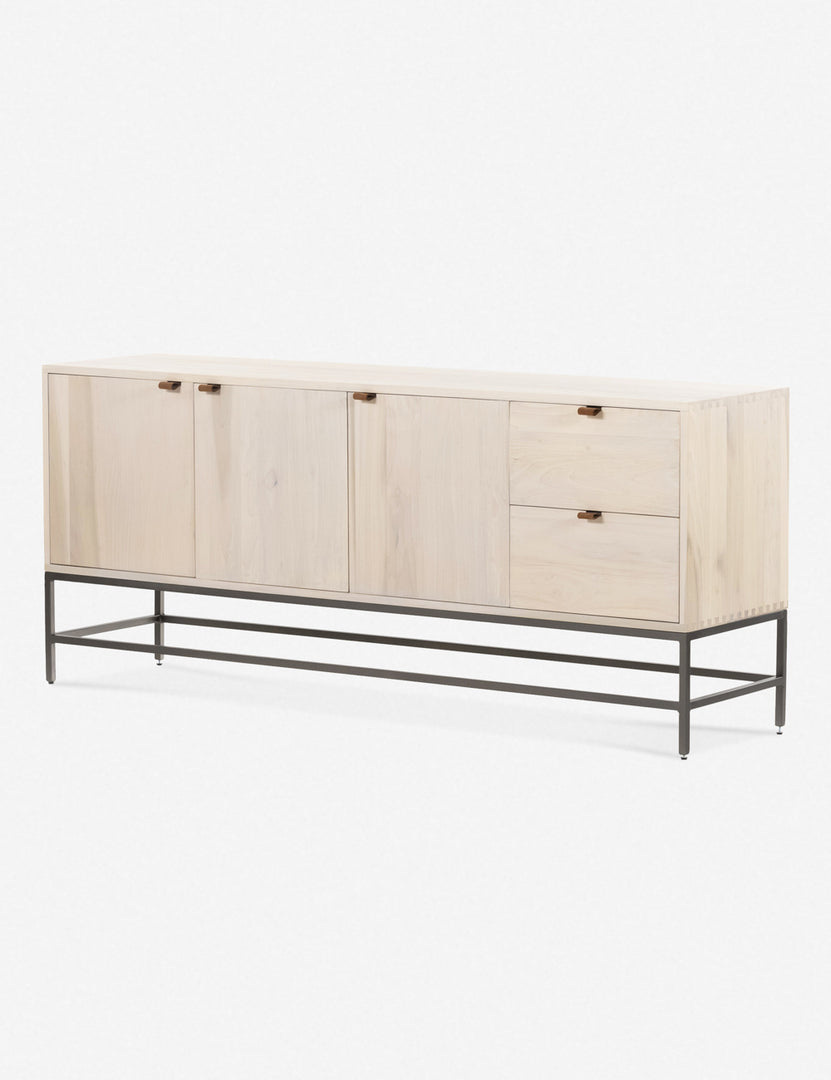 #color::natural  | Angled right side view of the Rosamonde natural wood sideboard with brown leather pulls and a metal base