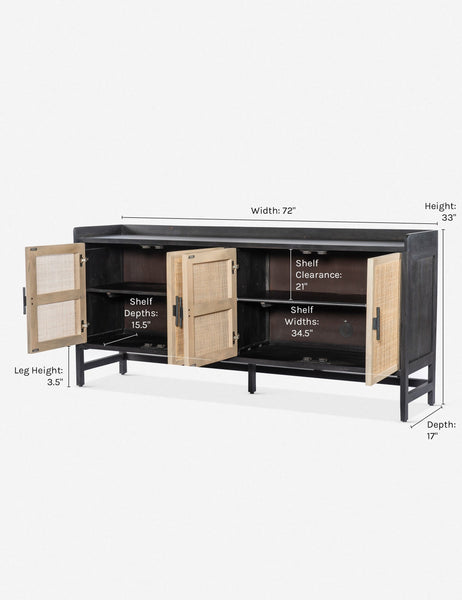 #color::black | Dimensions on the Philene black mango wood sideboard with cane doors