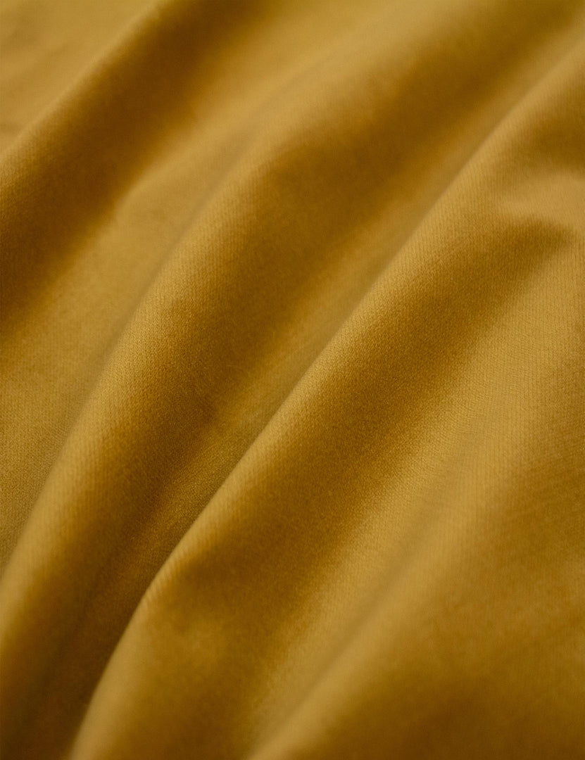 #color::citronella-velvet #size::twin #size::full #size::queen #size::king #size::cal-king | Close-up of the yellow citronella velvet fabric on the Clementine platform bed