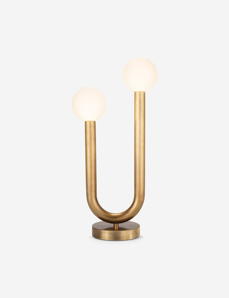 #color::natural-brass | Happy gold, natural brass table lamp by Regina Andrew with a dual-metal tube silhouette with contrasting matte white bumbs