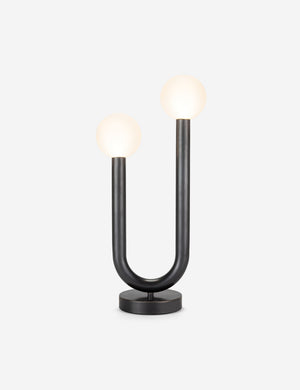 Happy black, oil-rubbed bronze table lamp by Regina Andrew with a dual-metal tube silhouette with contrasting matte white bumbs