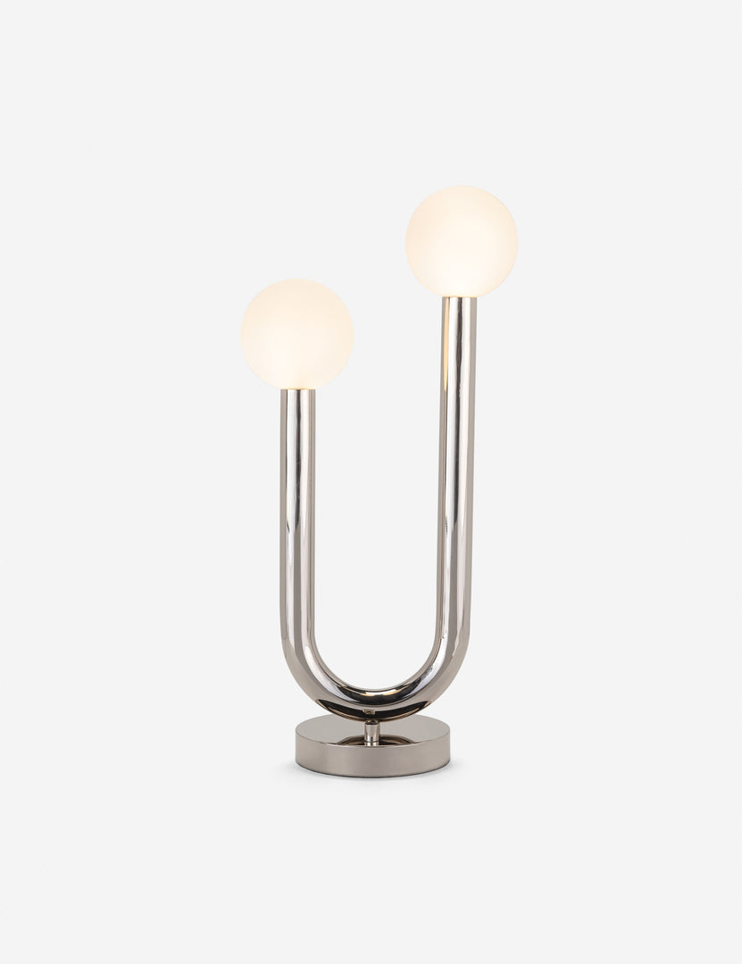 #color::polished-nickel | Happy silver, polished nickel table lamp by Regina Andrew with a dual-metal tube silhouette with contrasting matte white bumbs