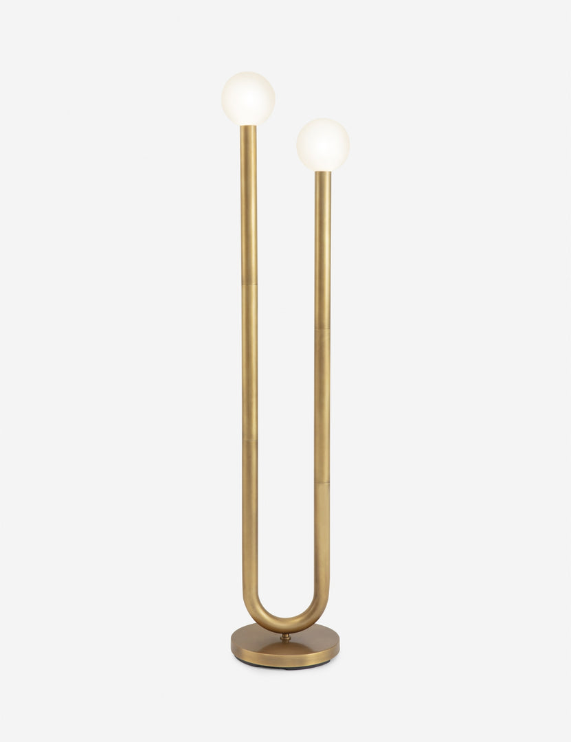 #color::natural-brass | Happy floor gold, natural brass lamp by Regina Andrew with a dual-metal tube silhouette with contrasting matte white bumbs