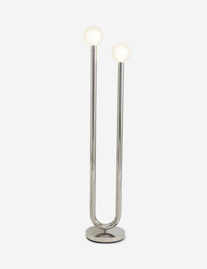 Happy floor silver, polished nickel lamp by Regina Andrew with a dual-metal tube silhouette with contrasting matte white bumbs