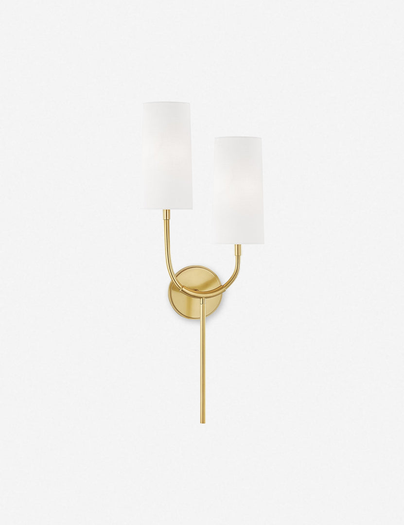#color::aged-brass | Sassa aged brass asymmetrical double sconce with white-shades
