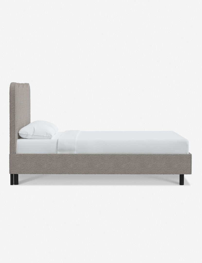 #color::moonlight-boucle #size::twin #size::full #size::queen #size::king #size::cal-king | Side view of Clementine moonlight boucle platform bed with undulating lined headboard