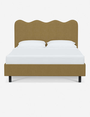 Clementine sesame linen platform bed with undulating lined headboard