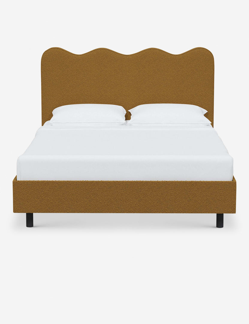 #color::ochre-boucle #size::twin #size::full #size::queen #size::king #size::cal-king | Clementine ochre boucle platform bed with undulating lined headboard