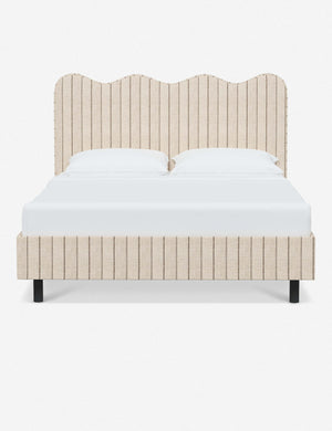 Clementine natural stripe linen platform bed with undulating lined headboard