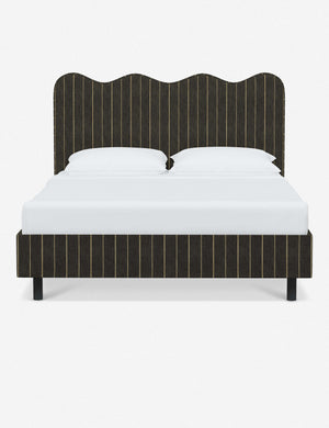 Clementine peppercorn stripe linen platform bed with undulating lined headboard
