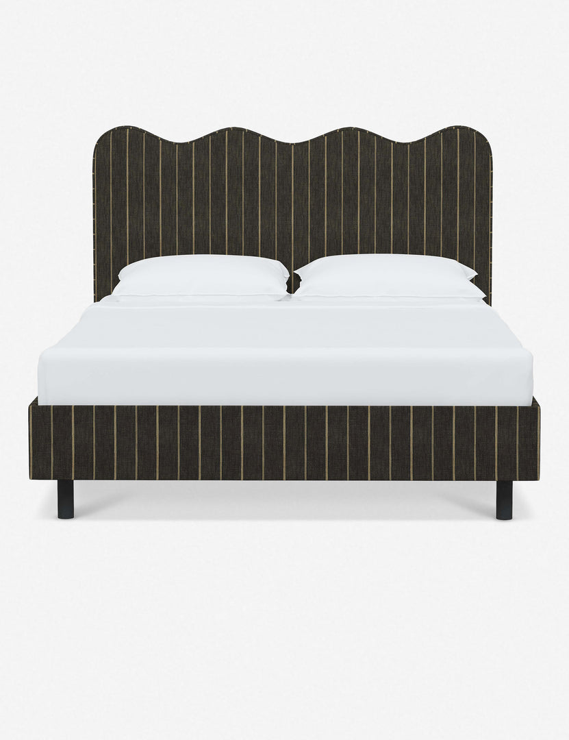 #color::peppercorn-stripe #size::twin #size::full #size::queen #size::king #size::cal-king | Clementine peppercorn stripe linen platform bed with undulating lined headboard