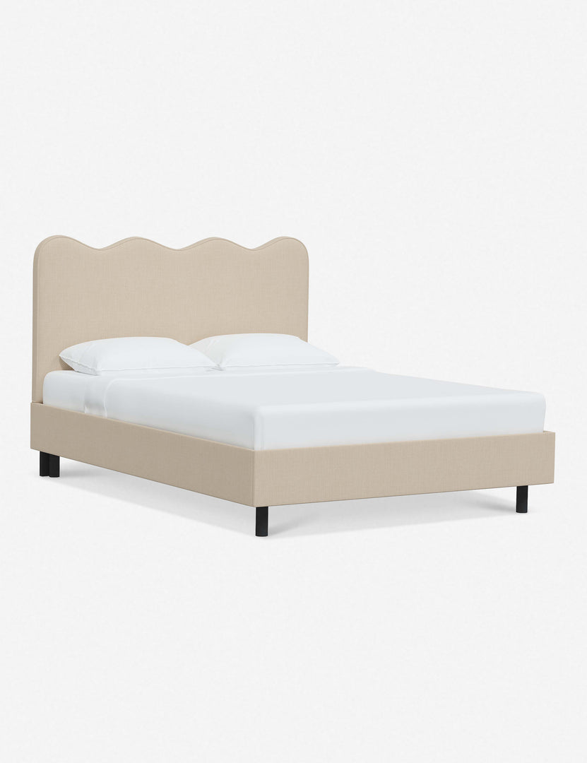 #color::natural-linen #size::twin #size::full #size::queen #size::king #size::cal-king | Angled view of Clementine natural linen platform bed with undulating lined headboard