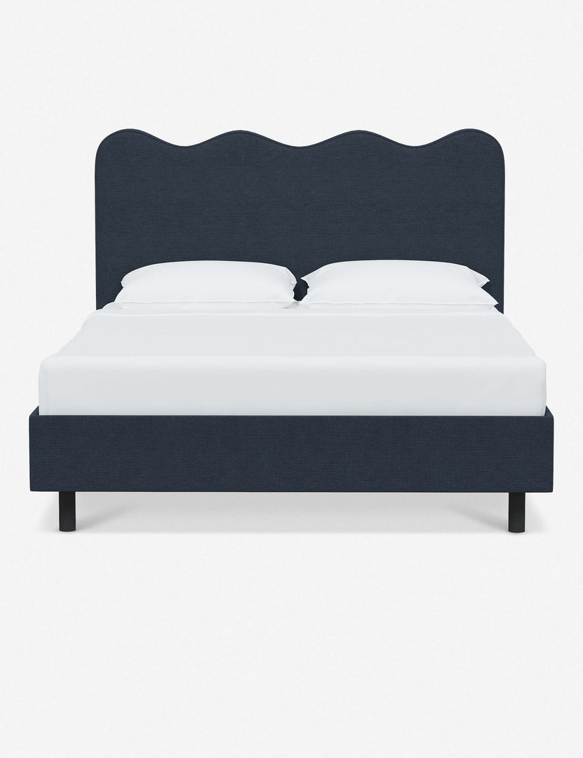 #color::navy-linen #size::twin #size::full #size::queen #size::king #size::cal-king | Clementine navy linen platform bed with undulating lined headboard