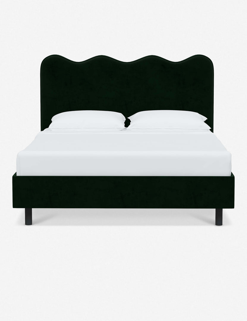 #color::emerald-velvet #size::twin #size::full #size::queen #size::king #size::cal-king | Clementine emerald velvet platform bed with undulating lined headboard