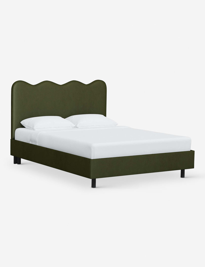 #color::pine-velvet #size::twin #size::full #size::queen #size::king #size::cal-king | Angled view of Clementine pine velvet platform bed with undulating lined headboard