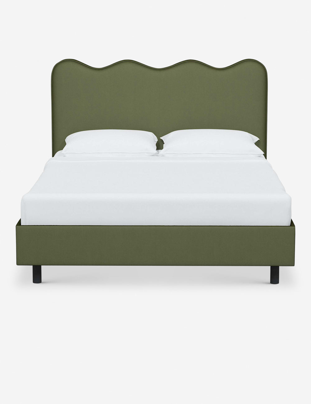 #color::pine-velvet #size::twin #size::full #size::queen #size::king #size::cal-king | Clementine pine velvet platform bed with undulating lined headboard