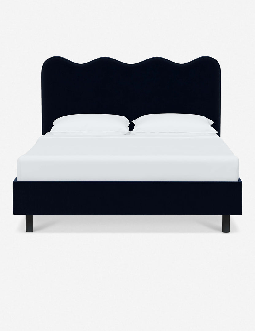 #color::navy-velvet #size::twin #size::full #size::queen #size::king #size::cal-king | Clementine navy velvet platform bed with undulating lined headboard