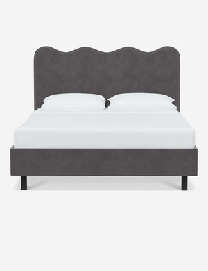 Clementine steel velvet platform bed with undulating lined headboard