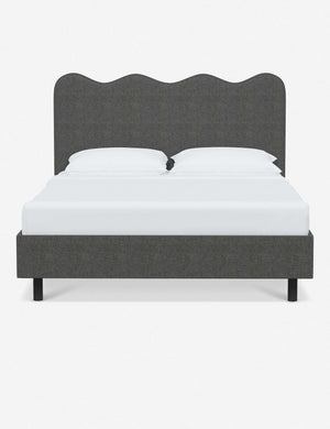 Clementine charcoal linen platform bed with undulating lined headboard