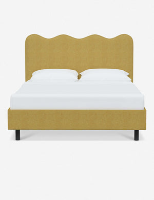 Clementine golden linen platform bed with undulating lined headboard
