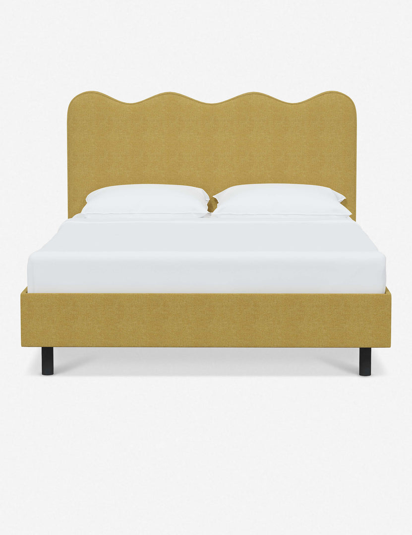 #color::golden-linen #size::twin #size::full #size::queen #size::king #size::cal-king | Clementine golden linen platform bed with undulating lined headboard