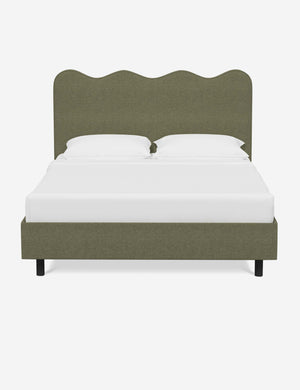 Clementine sage linen platform bed with undulating lined headboard