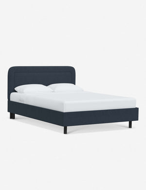 Angled view of the Gwendolyn Navy Linen Platform Bed