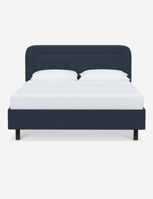 Gwendolyn Navy Linen Platform Bed with soft rounded corners and an interior welt border