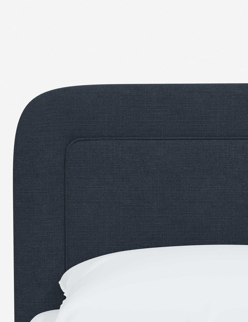 #color::navy-linen #size::full #size::queen #size::king #size::cal-king | Close up of the rounded corners and interior welt border on the Gwendolyn Navy Linen Platform Bed