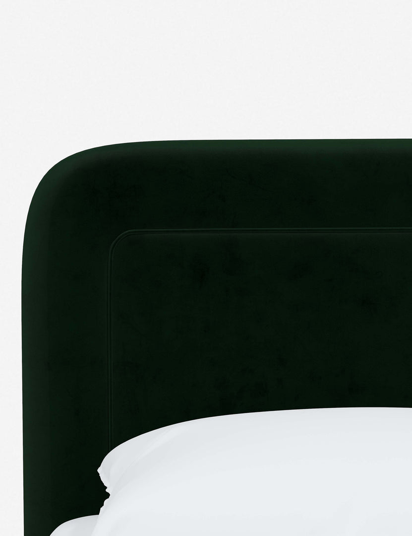 #color::emerald-velvet #size::full #size::queen #size::king #size::cal-king | Close up of the rounded corners and interior welt border on the Gwendolyn Emerald Velvet Platform Bed