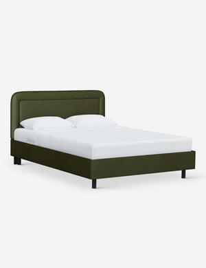 Angled view of the Gwendolyn Pine Velvet Platform Bed